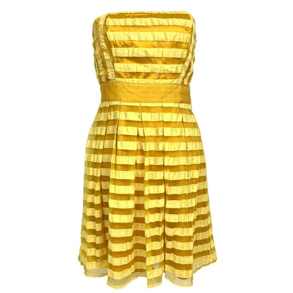 Yellow Strapless Crinkle Sheer Stripe Pleated Dress 6 Girly Flowy HOCO Pageant - Picture 2 of 13
